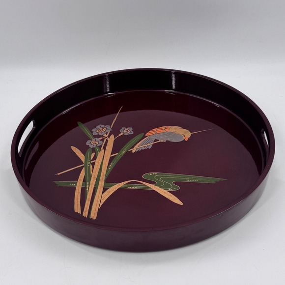 S&S Other - Vintage Japanese Lacquer Tray Bird & Iris Motif Maroon Round Serving Tray Japan